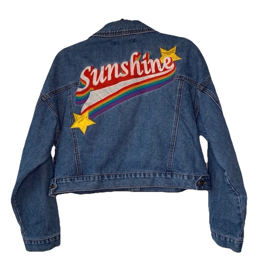Y2k Sunshine Stars Embroidered Denim Jean Jacket Size Medium Cropped